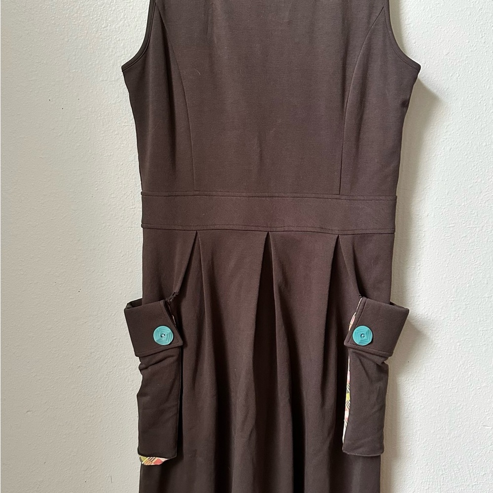 Matilda Jane Mocha Mousse Midi Dress blue buttons square pockets vintage retro